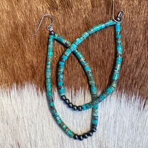 Native American Turquoise and Oxidized Silver Beaded Hoop Earrings